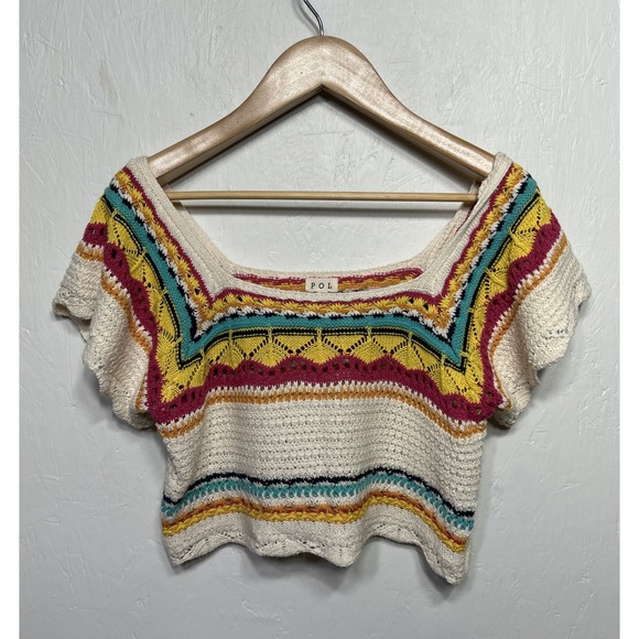 POL Striped Crochet Cropped Top Cream Yellow Pink Turquoise Women's Size Large‎ - Picture 4 of 8